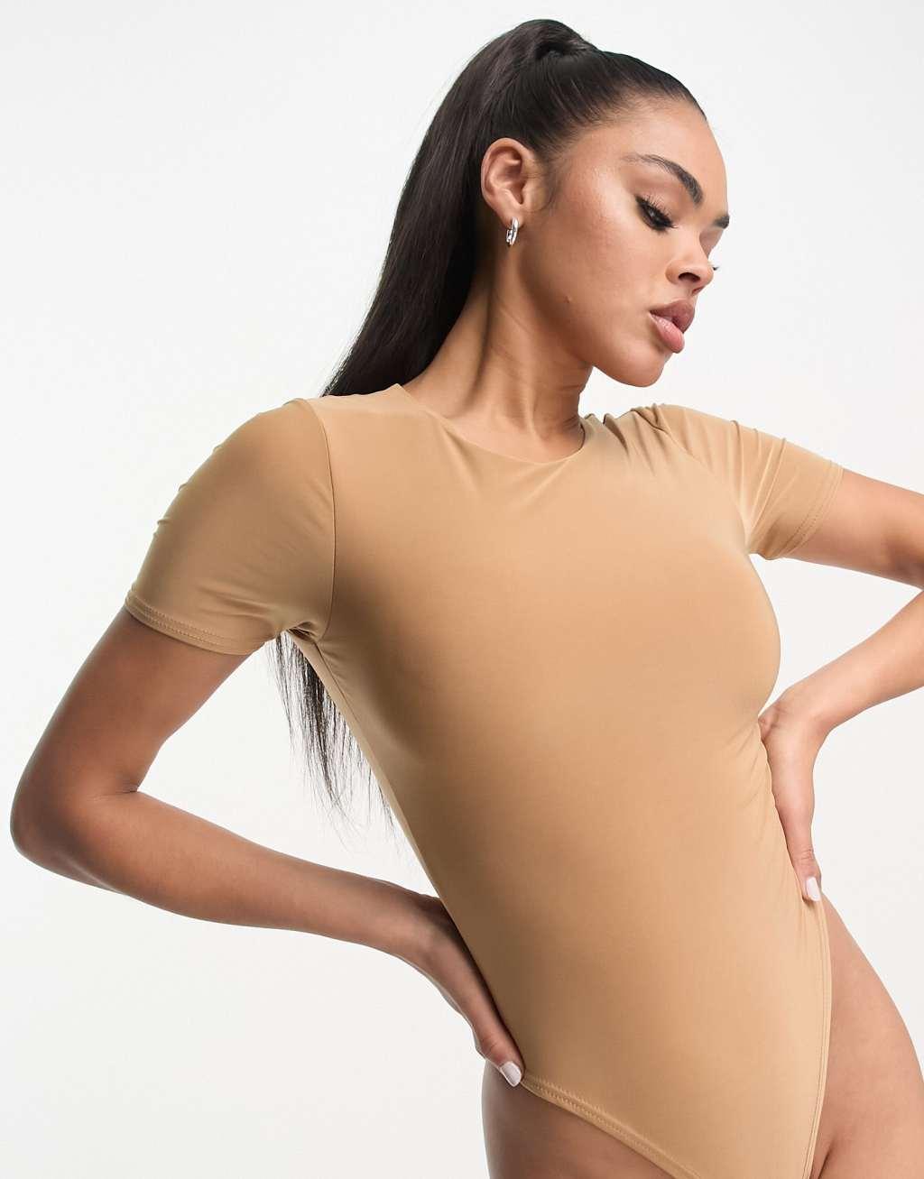 Fashionkilla sculpted t-shirt bodysuit in camel Product Image