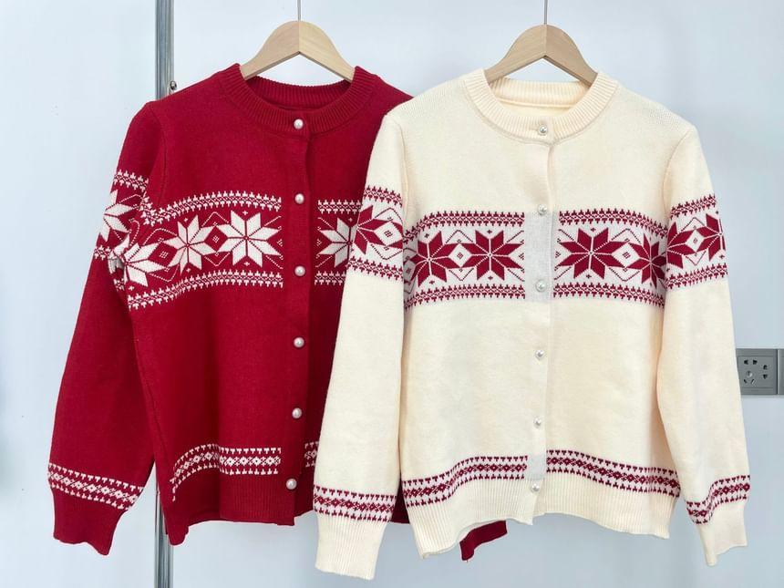 Crew Neck Snowflake Patterned Cardigan Product Image