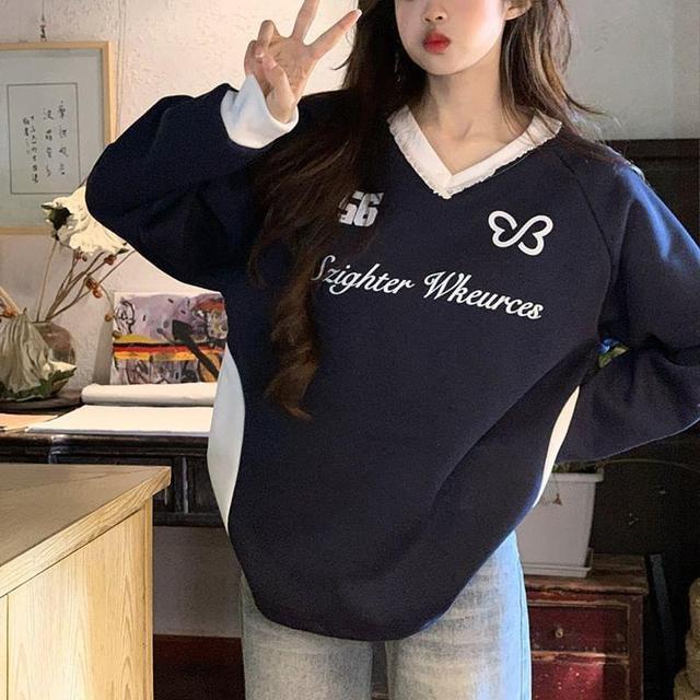 Long Sleeve V-Neck Lettering Print Color-Block Loose-Fit Pullover Product Image