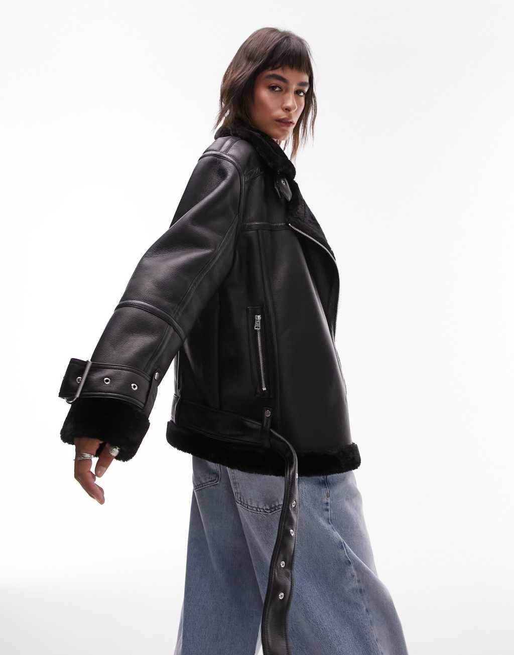 Topshop faux leather shearling oversized aviator biker jacket in black Product Image