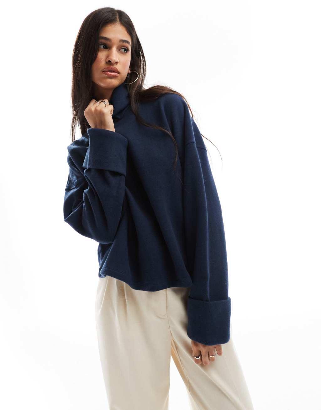 ASOS DESIGN supersoft turtleneck sweater with cuff detail in navy Product Image