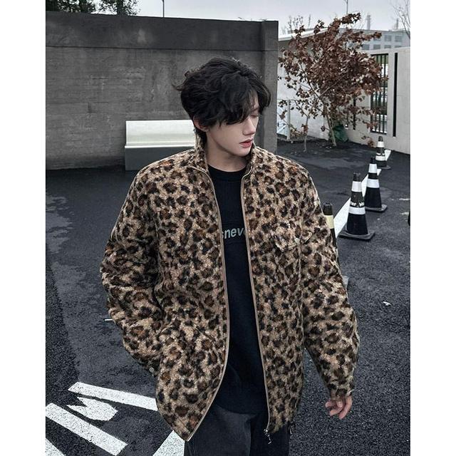 Stand Collar Leopard Patterned Fleece Zip Puffer Jacket Product Image