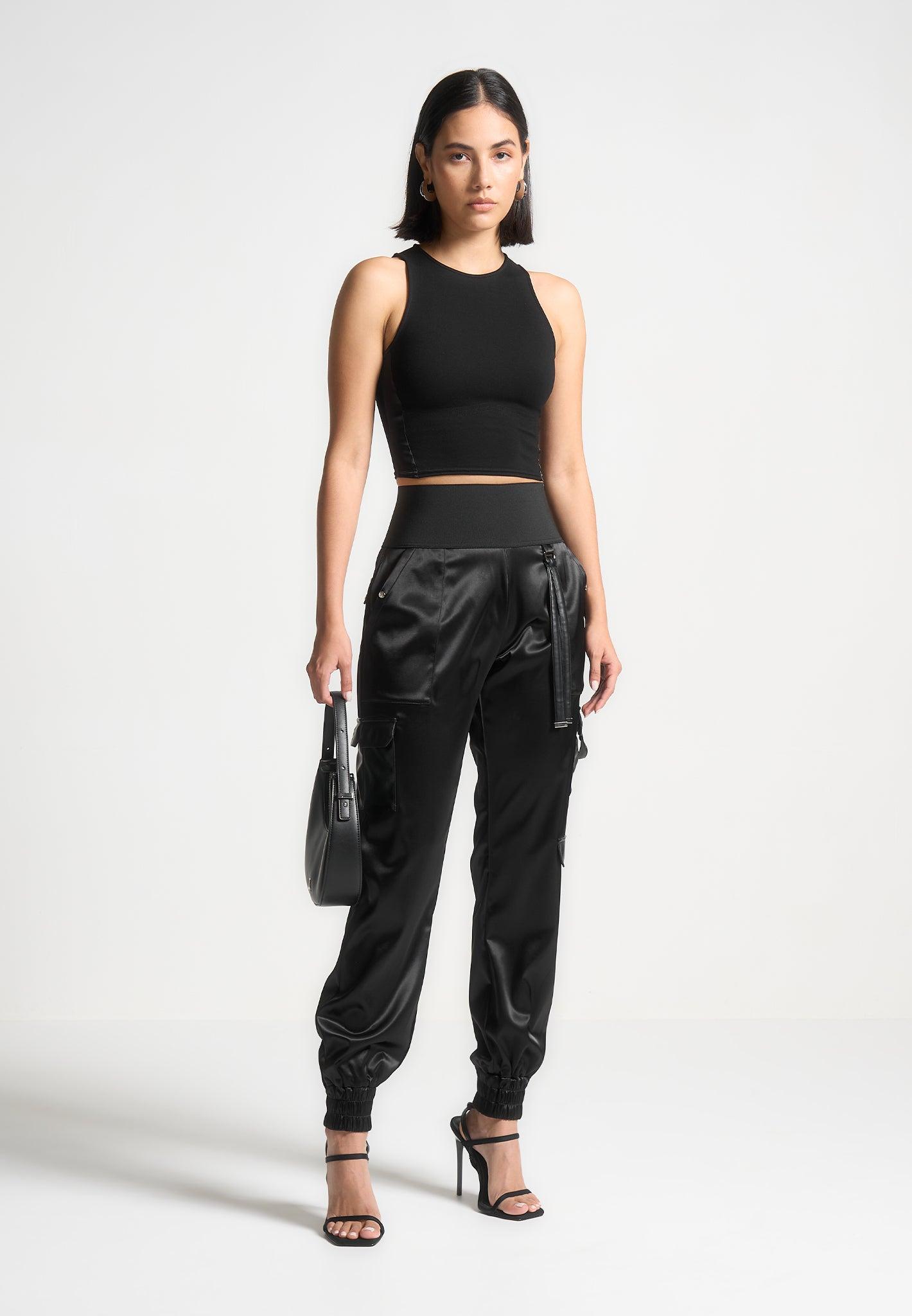 Racer Crop Top with Satin Panels - Black Female Product Image