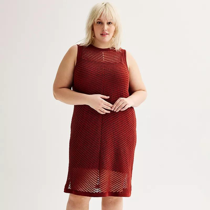 Plus Size Nine West Chevron Crochet Mesh Detailed Sleeveless Midi Dress, Womens Product Image