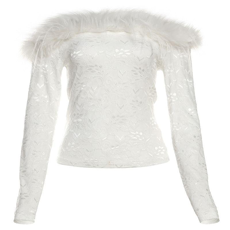 Long Sleeve Off-Shoulder Furry-Trim Plain Open-Back Slim-Fit Crop Top Product Image