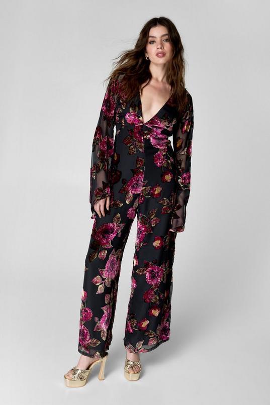 Floral Devore Fluted Sleeve Tie Back Jumpsuit Product Image