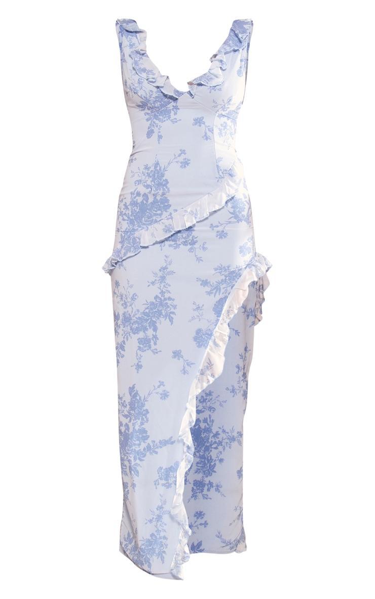 Blue Floral Asymmetric Frill Split Maxi Dress Product Image