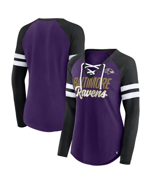 Womens Fanatics Branded /Black Baltimore Ravens Plus Size True to Form Lace-Up V-Neck Raglan Long Sleeve T-Shirt Product Image