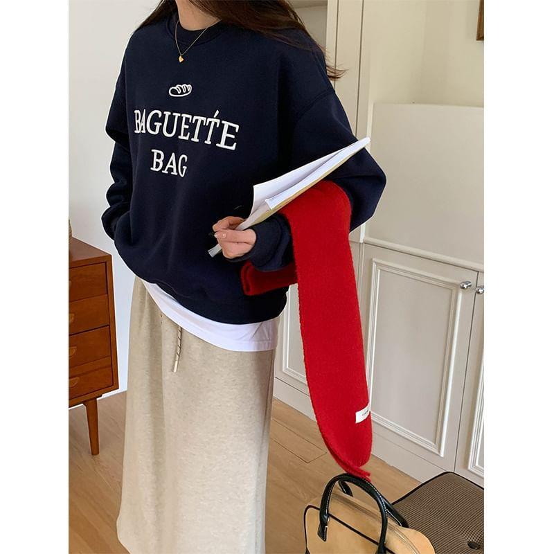 Round Neck Lettering Embroidered Fleece-Lined Sweatshirt Product Image