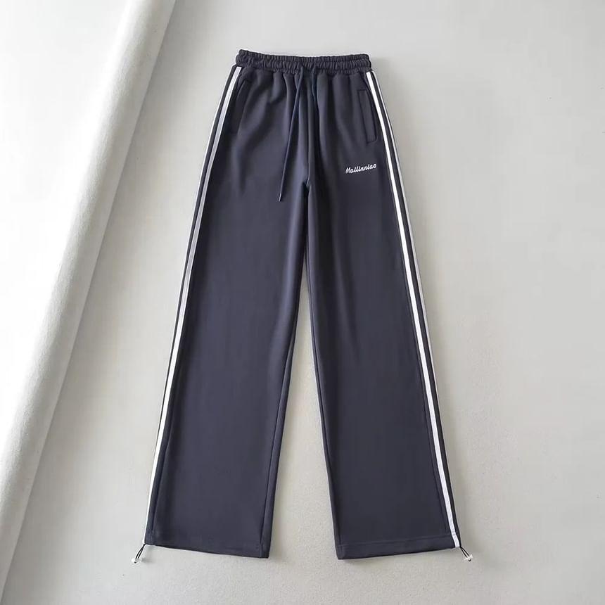 Drawstring Waist Striped Lettering Embroidered Wide Leg Sweatpants Product Image