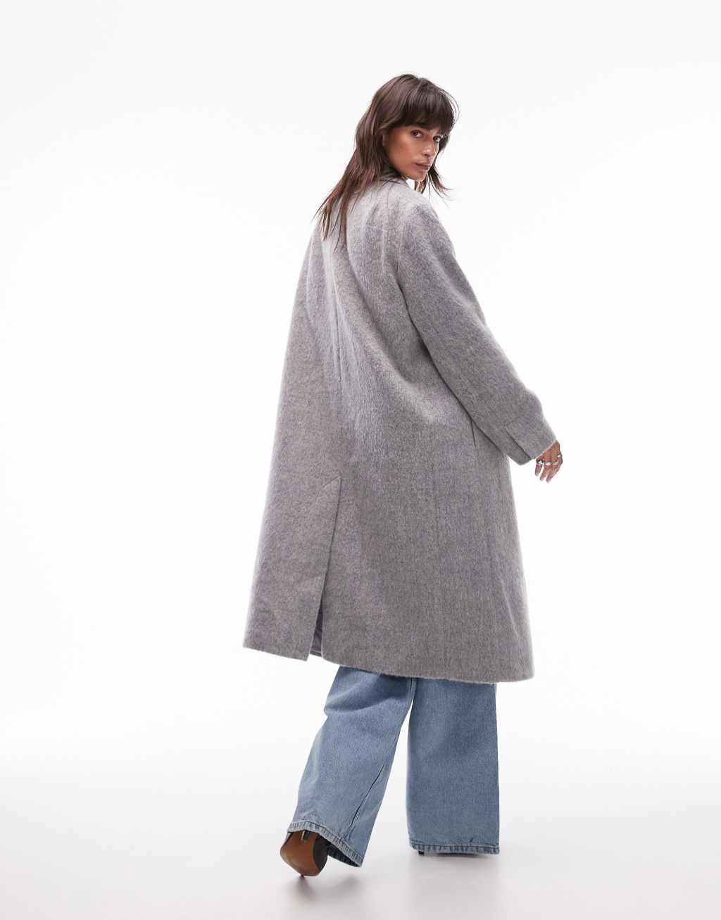 Topshop double breasted brushed coat in gray Product Image