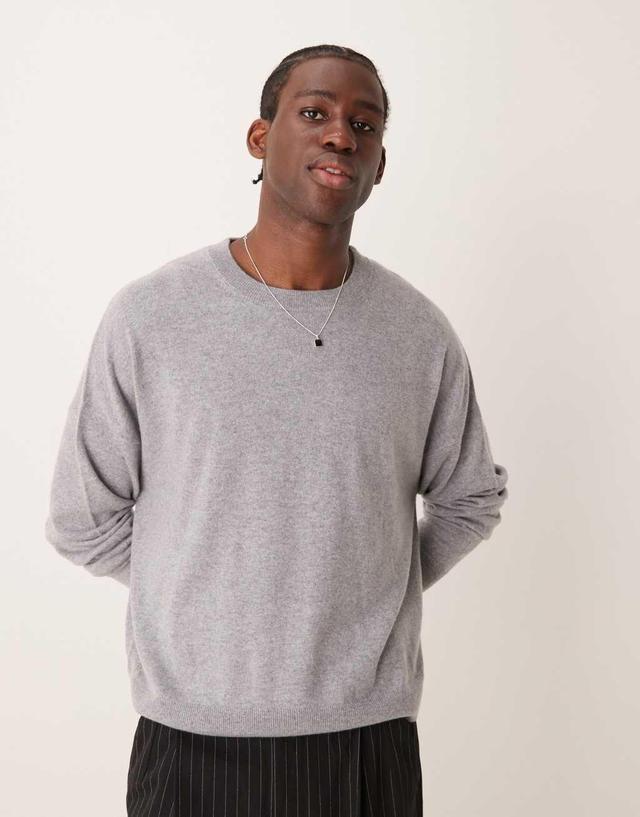 ASOS DESIGN Premium 100% cashmere oversized boxy fit crew neck sweater in gray heather Product Image