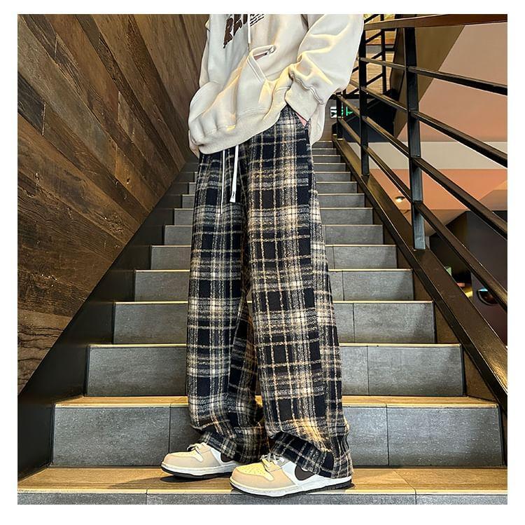 High Waist Plaid Wide Leg Pants Product Image