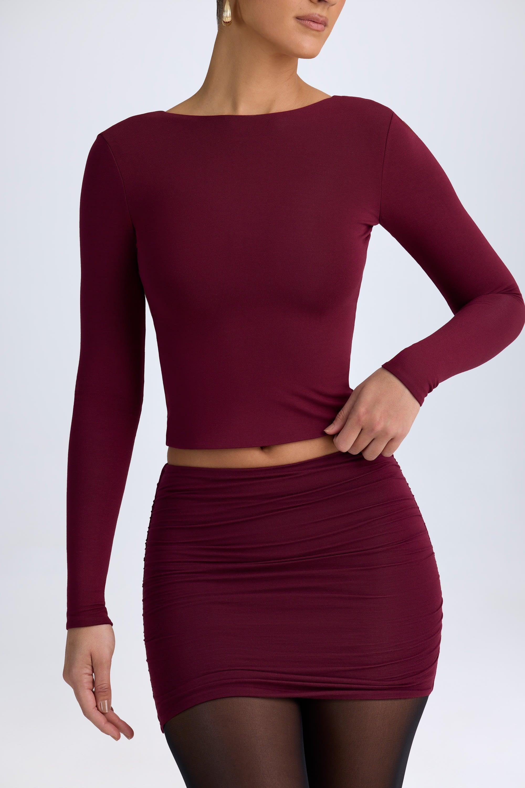 Modal Ruched Mid-Rise Mini Skirt in Wine Red Product Image