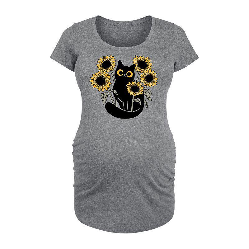 Maternity Black Cat In Sunflowers Graphic Tee, Womens Grey Gray Product Image