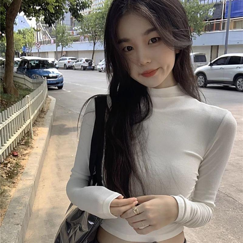 Long-Sleeve High Neck Plain Crop Top Product Image