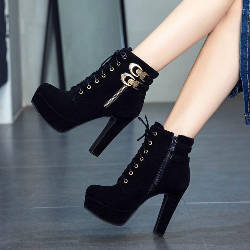 Platform Chunky Heel Buckled Lace-Up Short Boots product image