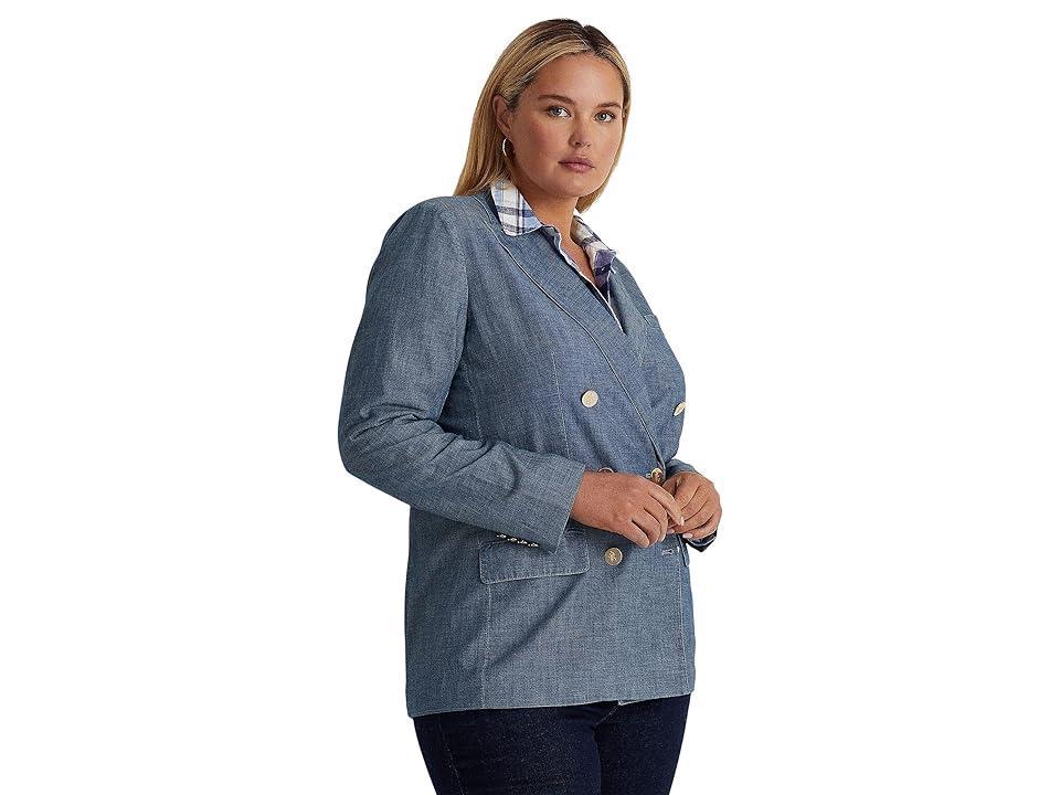 LAUREN Ralph Lauren Plus Size Double-Breasted Chambray Blazer (Beryl Blue Wash) Women's Clothing Product Image