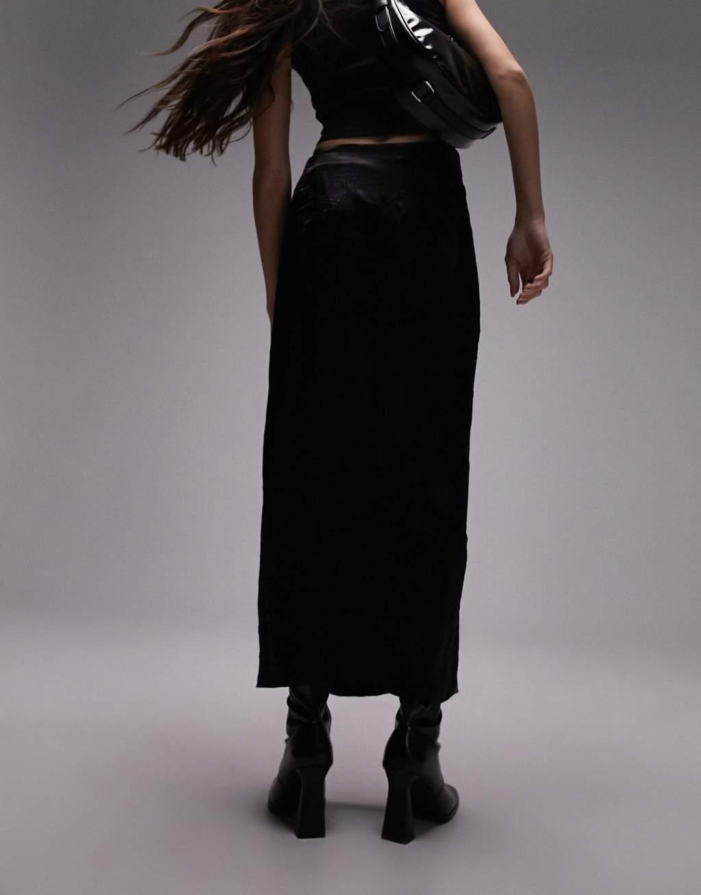 Topshop crinkle wrap midi skirt in black  Product Image