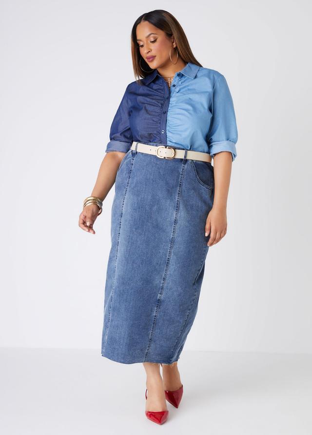 Plus Size Ruched Two Tone Chambray Shirt Ashley Stewart Product Image