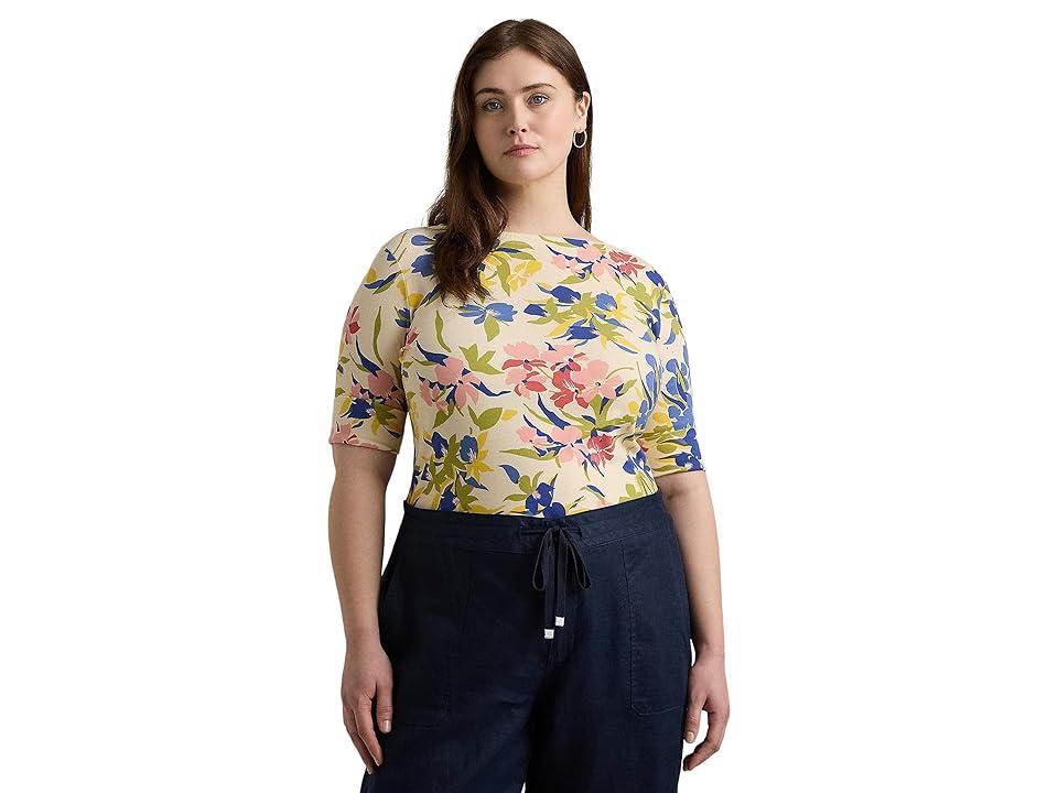 Lauren Ralph Lauren Plus-Size Floral Stretch Cotton Boatneck Tee (Cream/Blue/Multi) Women's Clothing Product Image