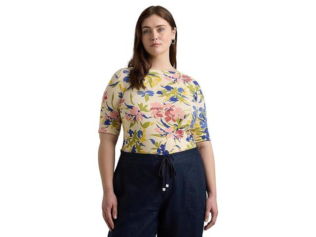 Lauren Ralph Lauren Plus-Size Floral Stretch Cotton Boatneck Tee (Cream/Blue/Multi) Women's Clothing Product Image