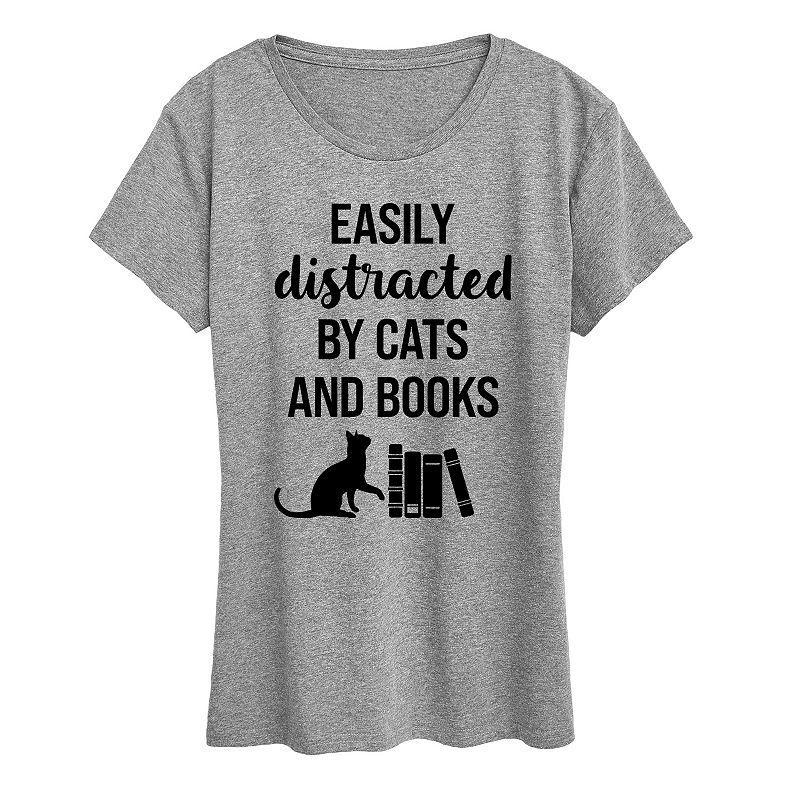 Womens Easily Distracted Cats Books Graphic Tee Med Grey Product Image