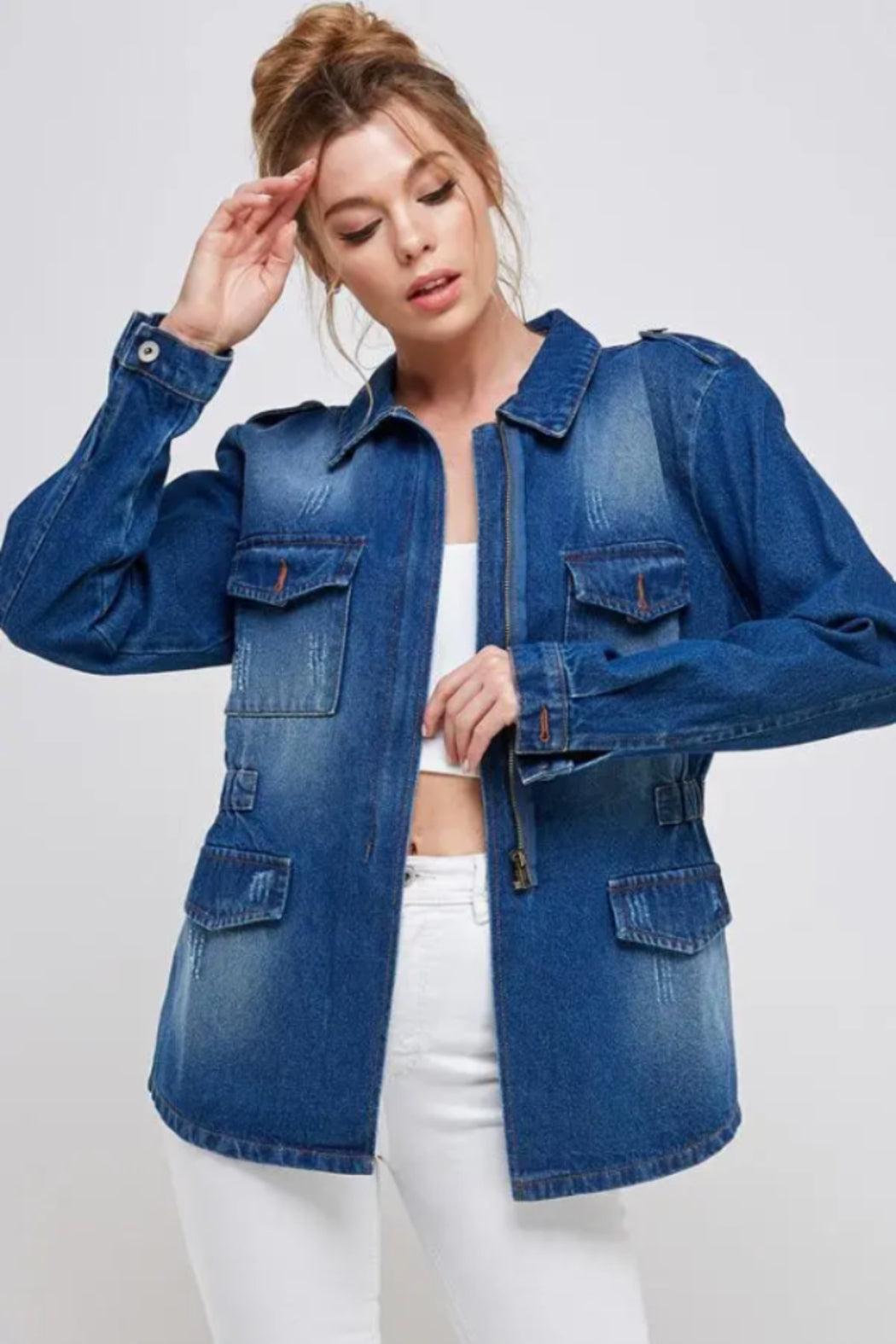 Women's Half Zipper Distressed Denim Jacket Product Image