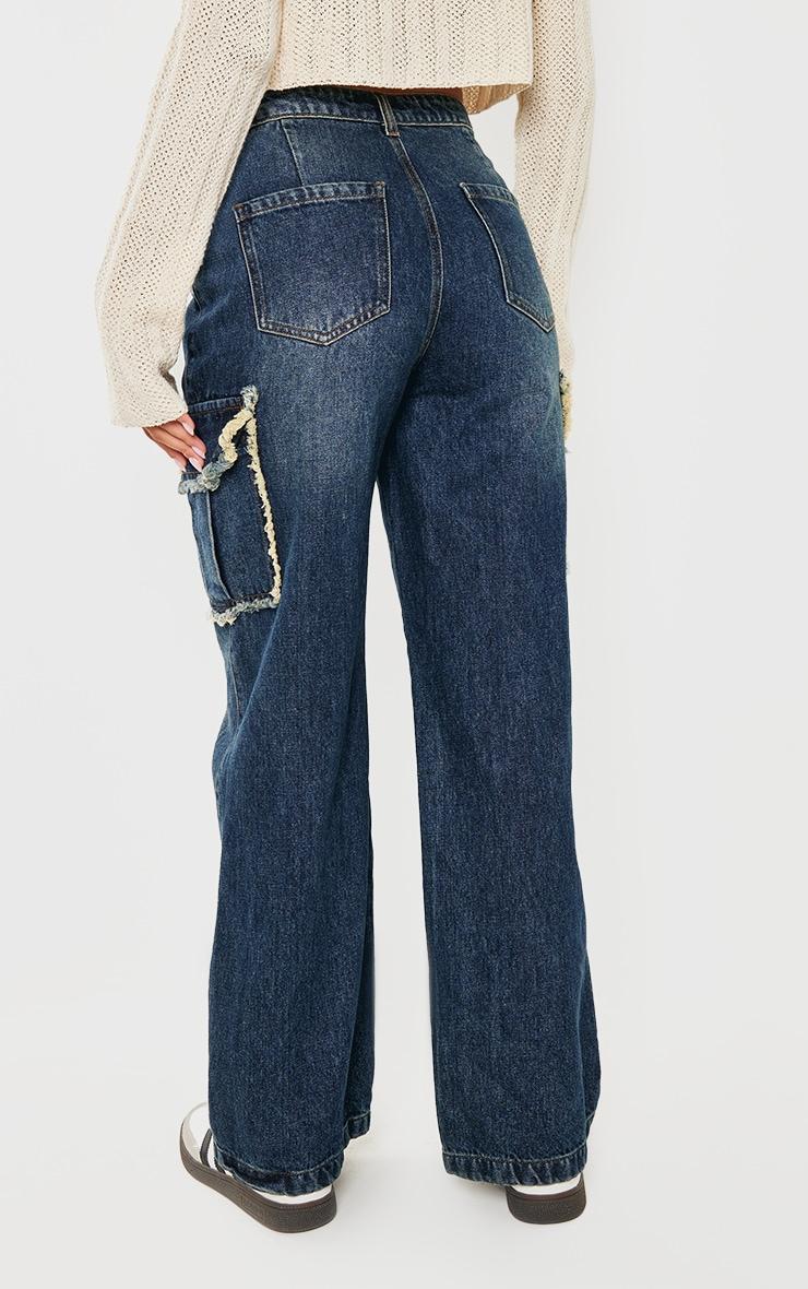 Dark Blue Wash Frayed Seam Cargo Pocket Boyfriend Jeans Product Image