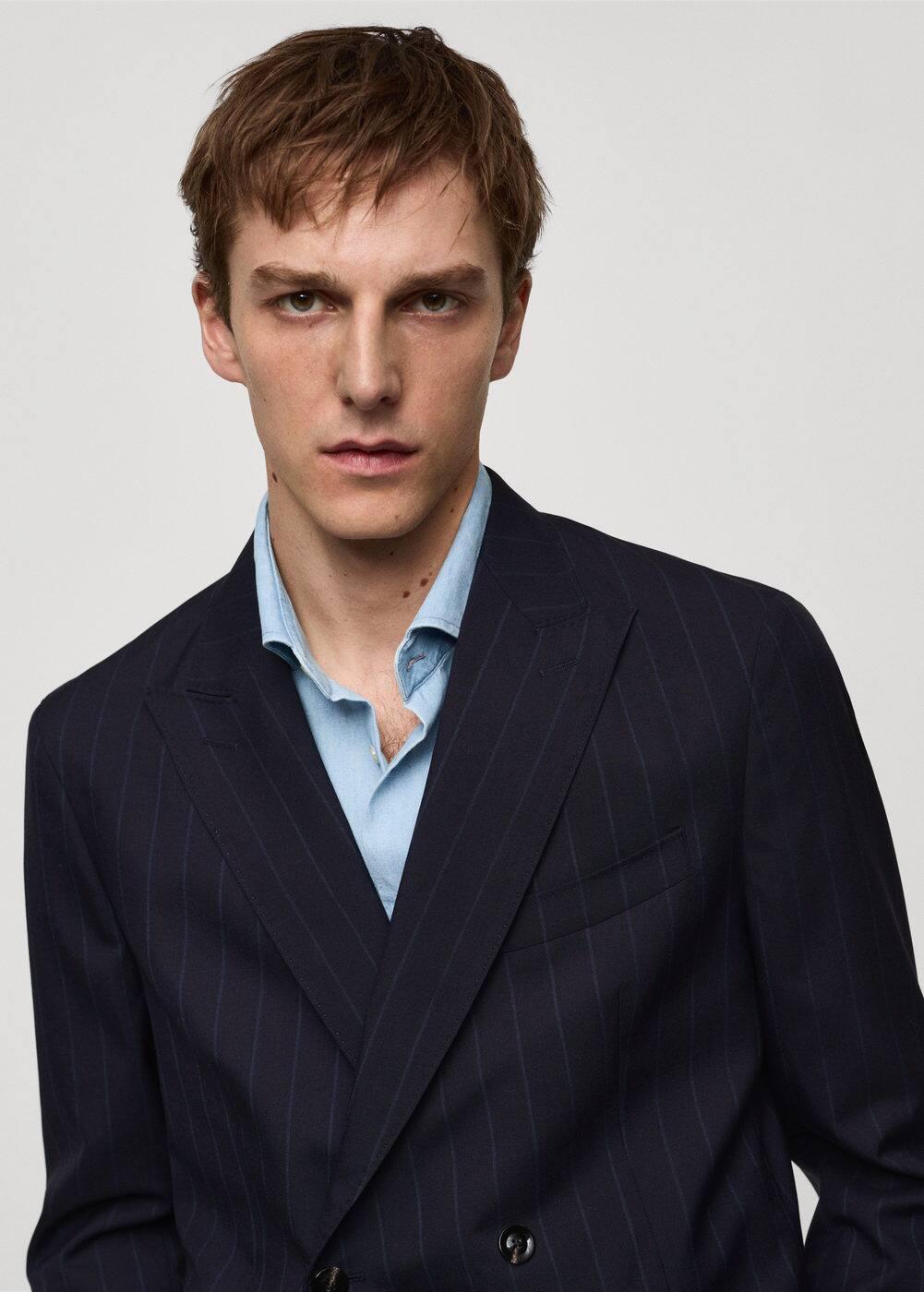 MANGO MAN - Wool pinstripe double-breasted suit blazer dark navyMen Product Image