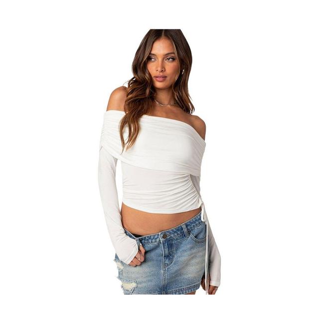 EDIKTED Off the Shoulder Side Ruched Knit Top Product Image