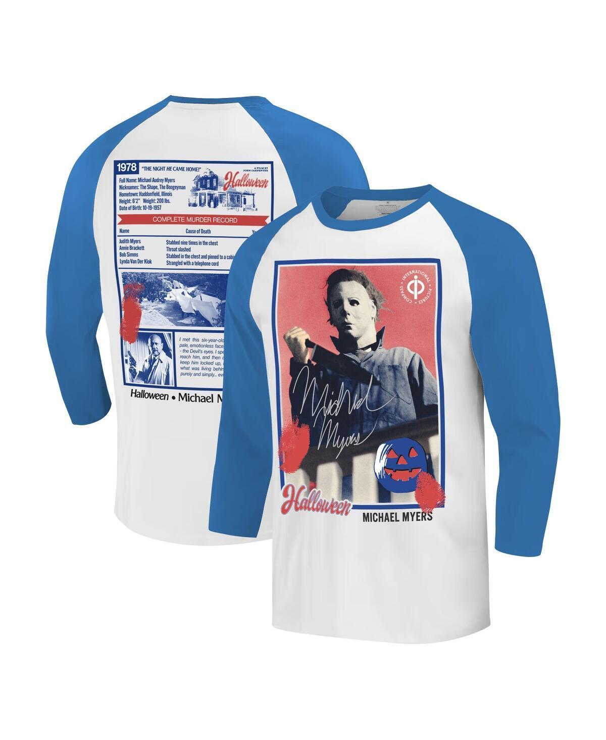 Ripple Junction Mens White Halloween Michael Myers Card 3/4-Sleeve Raglan T-Shirt - White, Royal Product Image