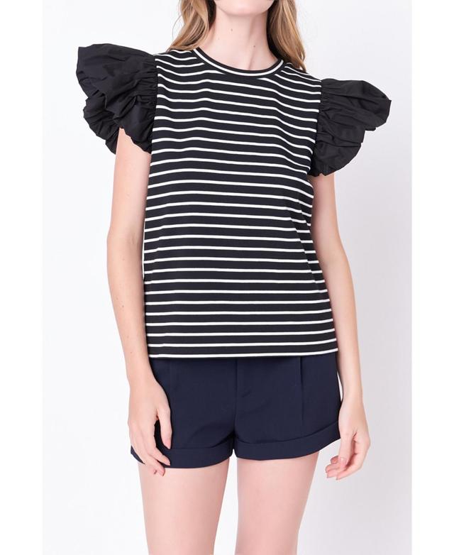 English Factory Mixed Media Stripe Ruffle Sleeve Top Product Image