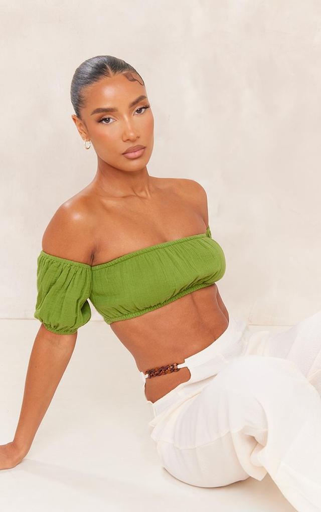 Olive Cotton Shirred Puff Sleeve Crop Top Product Image