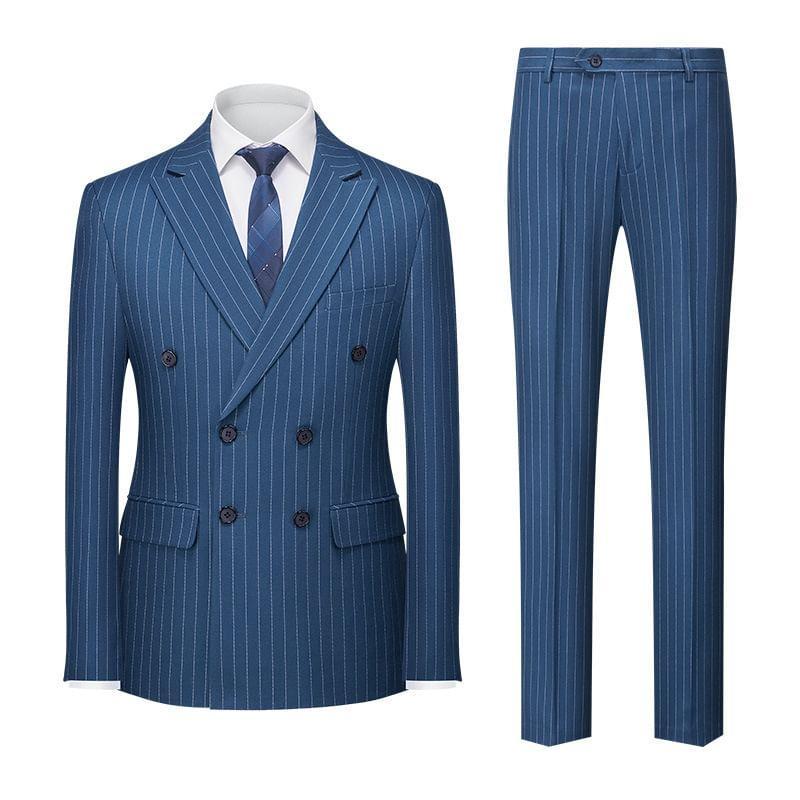 Set: Lapel Collar Pinstriped Double Breasted Blazer + Mid Rise Dress Pants Product Image