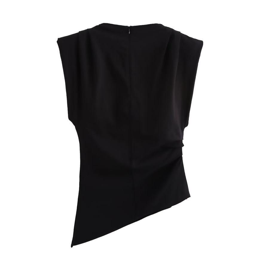 Sleeveless Mock Neck Plain Asymmetrical Ruched Top Product Image