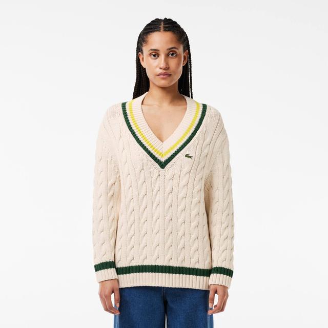 V Neck Cable Knit Cotton Tennis Sweater Product Image