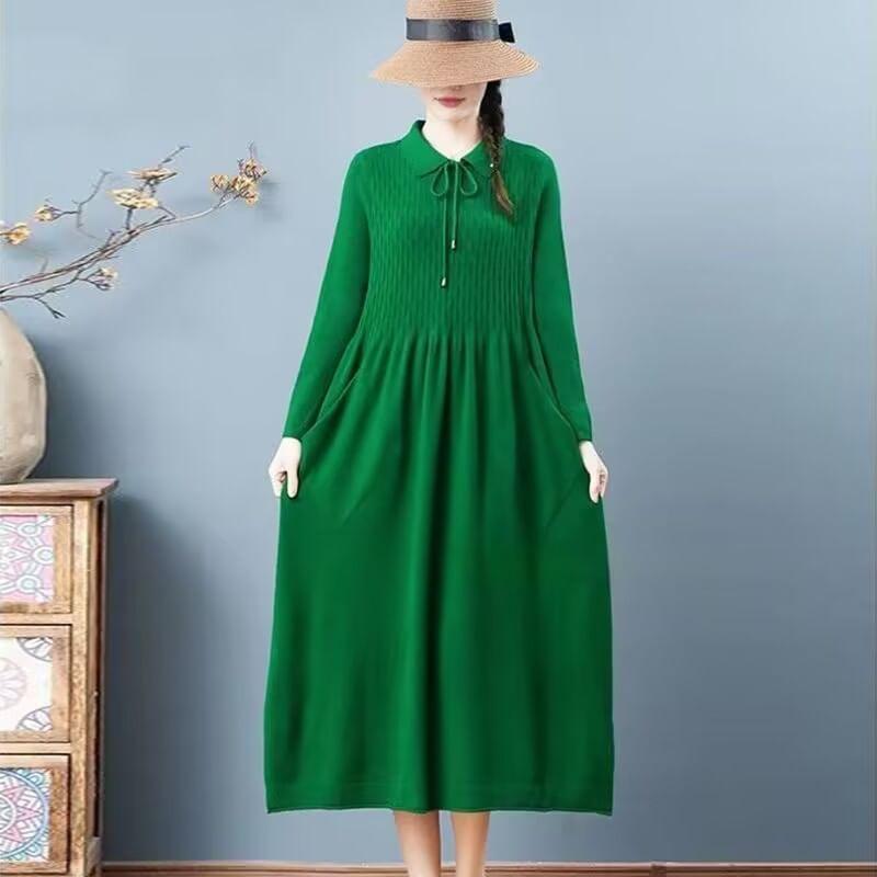 Long-Sleeve Collared Knit Midi A-Line Dress Product Image