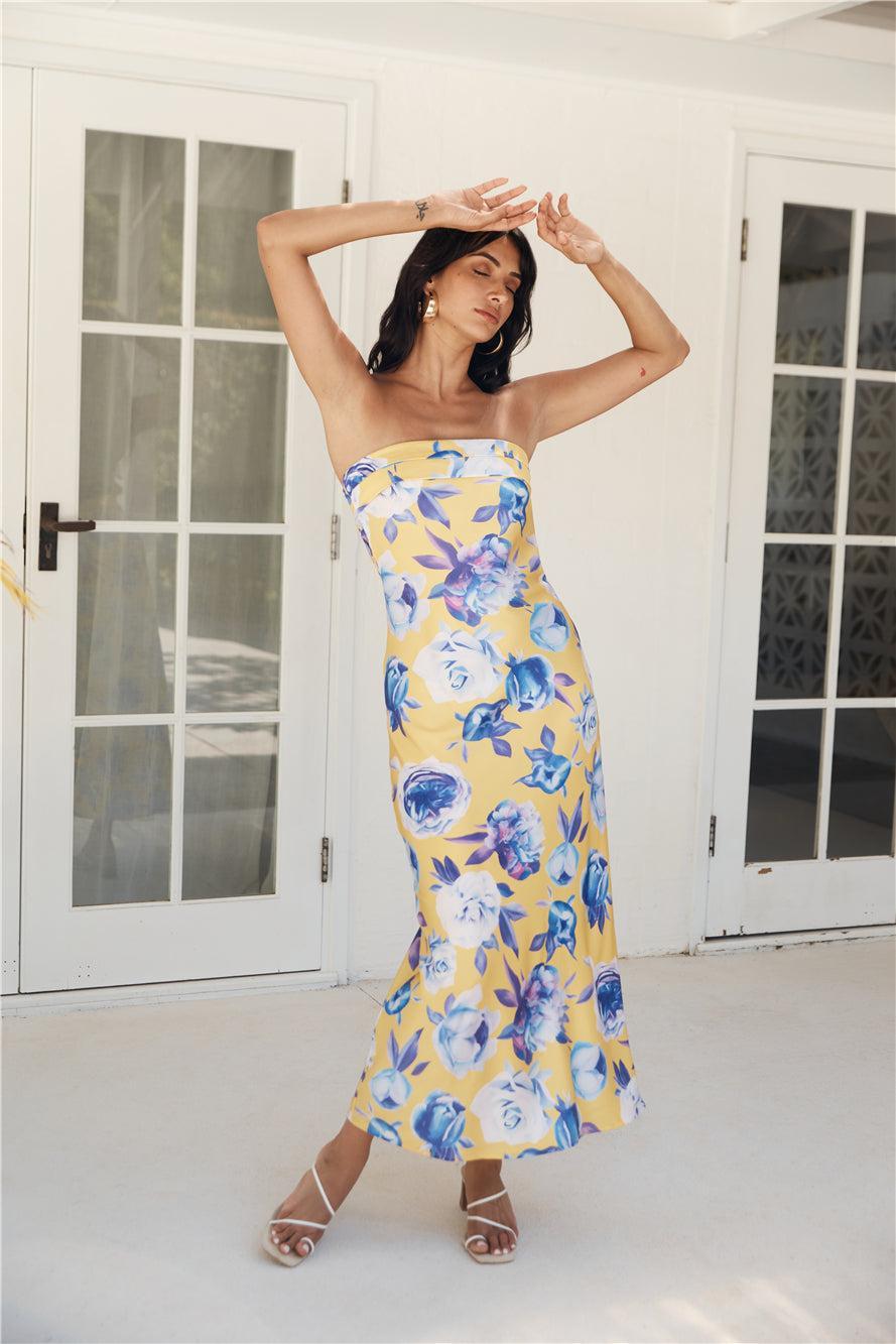 Impressive Me Strapless Satin Maxi Dress Yellow Product Image