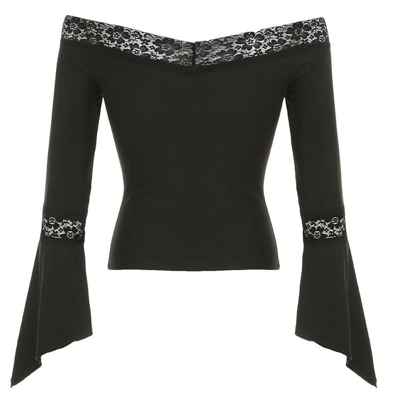 Off-The-Shoulder Long Sleeve Plain Lace Trim T-Shirt Product Image