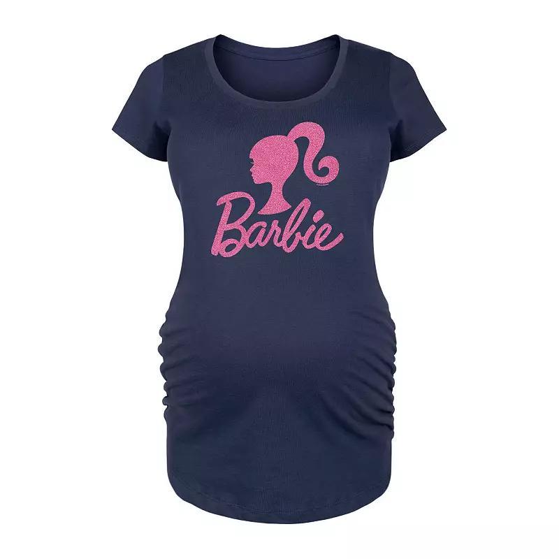 Maternity Barbie Logo Pink Glitter Graphic Tee, Womens Blue Product Image