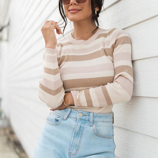 See It Through Pink And Brown Striped Fitted Sweater Product Image