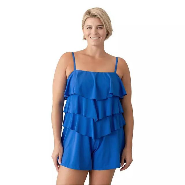 Plus Size Fit 4 U Solid Ruffle Tiered Sleeveless Swim Romper, Womens Product Image