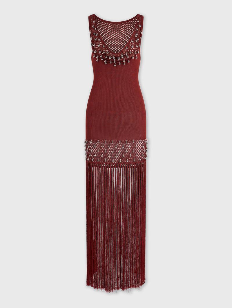 Crochet embellished dress with fringes and pearls Product Image