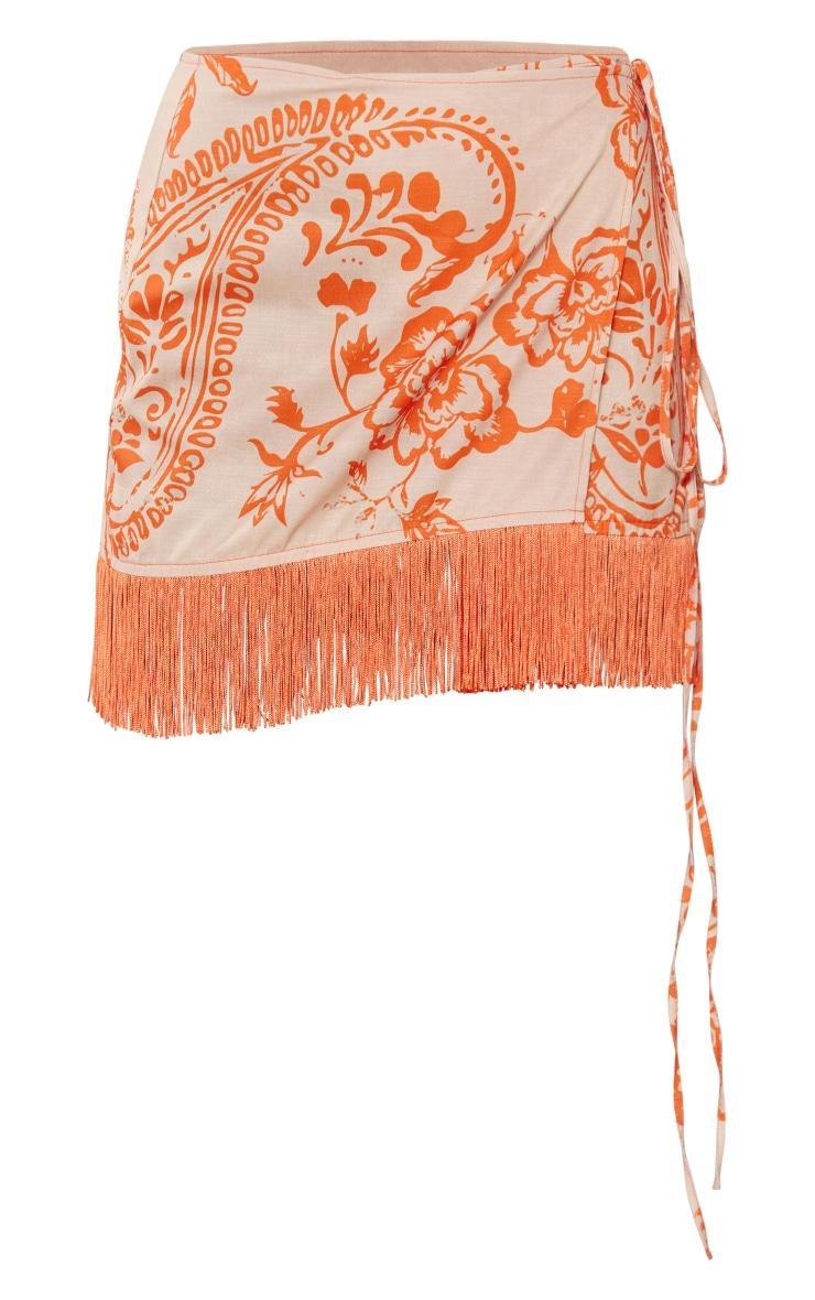 Orange Paisley Print Tassel Hem Wrap Mini Skirt Product Image