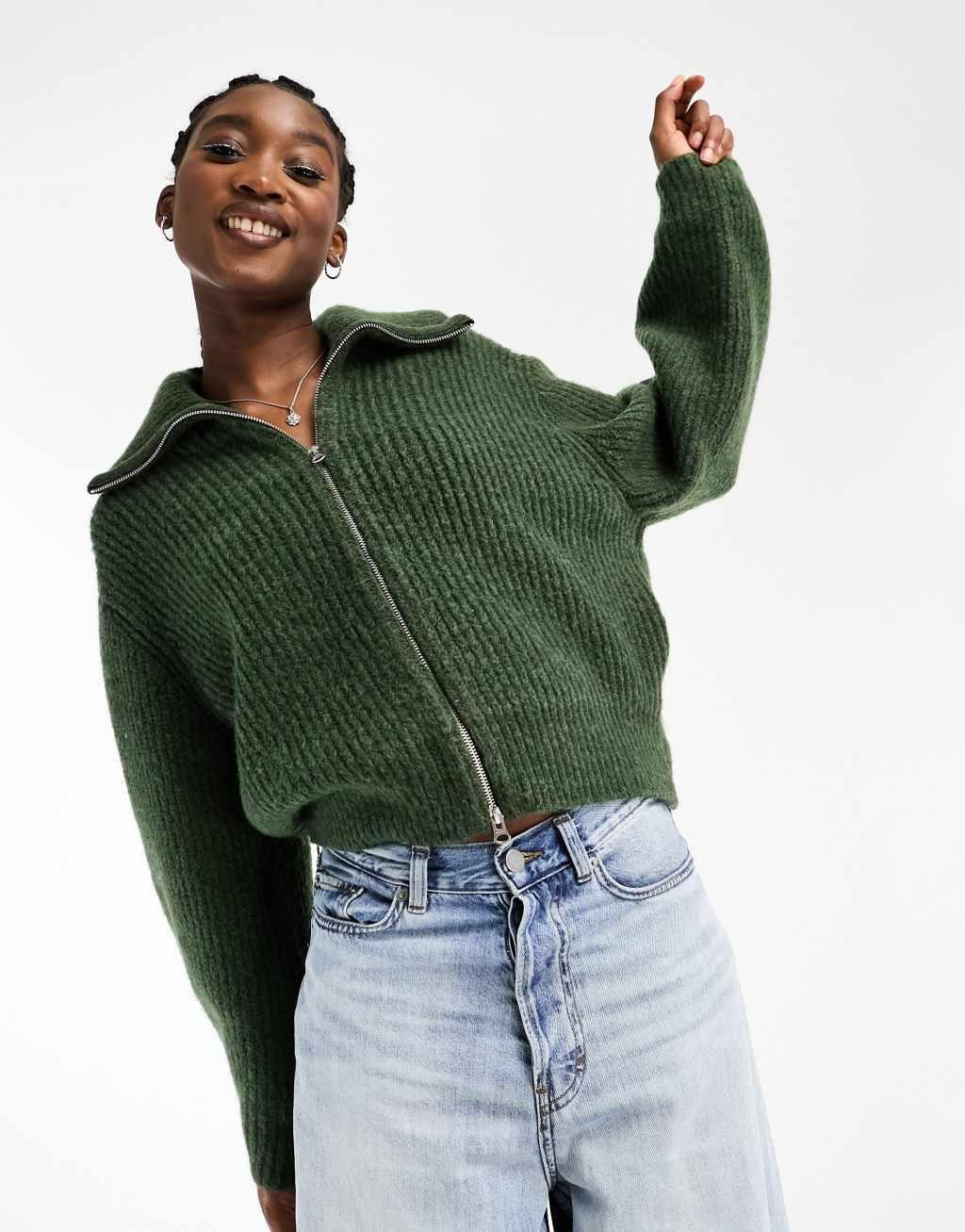 Weekday Bea zip through high neck cardigan in dark green melange Product Image