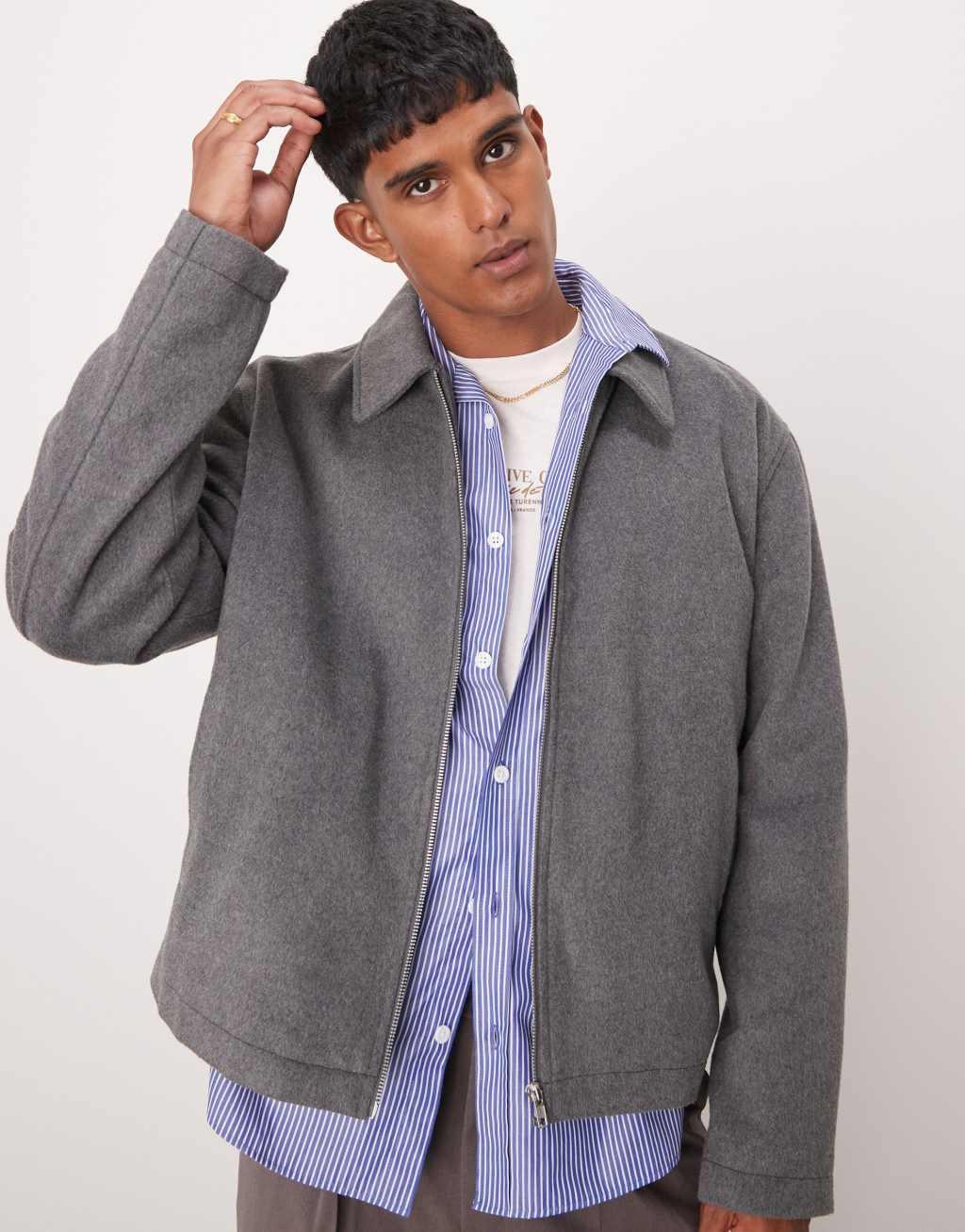 ASOS DESIGN oversized cropped coach wool look jacket in gray Product Image