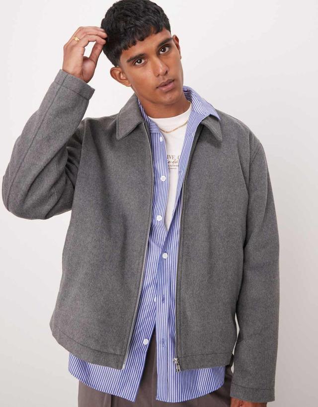 ASOS DESIGN oversized cropped coach wool look jacket in gray Product Image