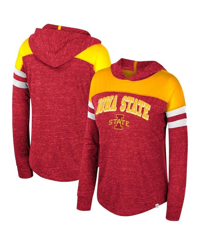 Womens Colosseum Cardinal Distressed Iowa State Cyclones Speckled Color Block Long Sleeve Hooded T-shirt Product Image