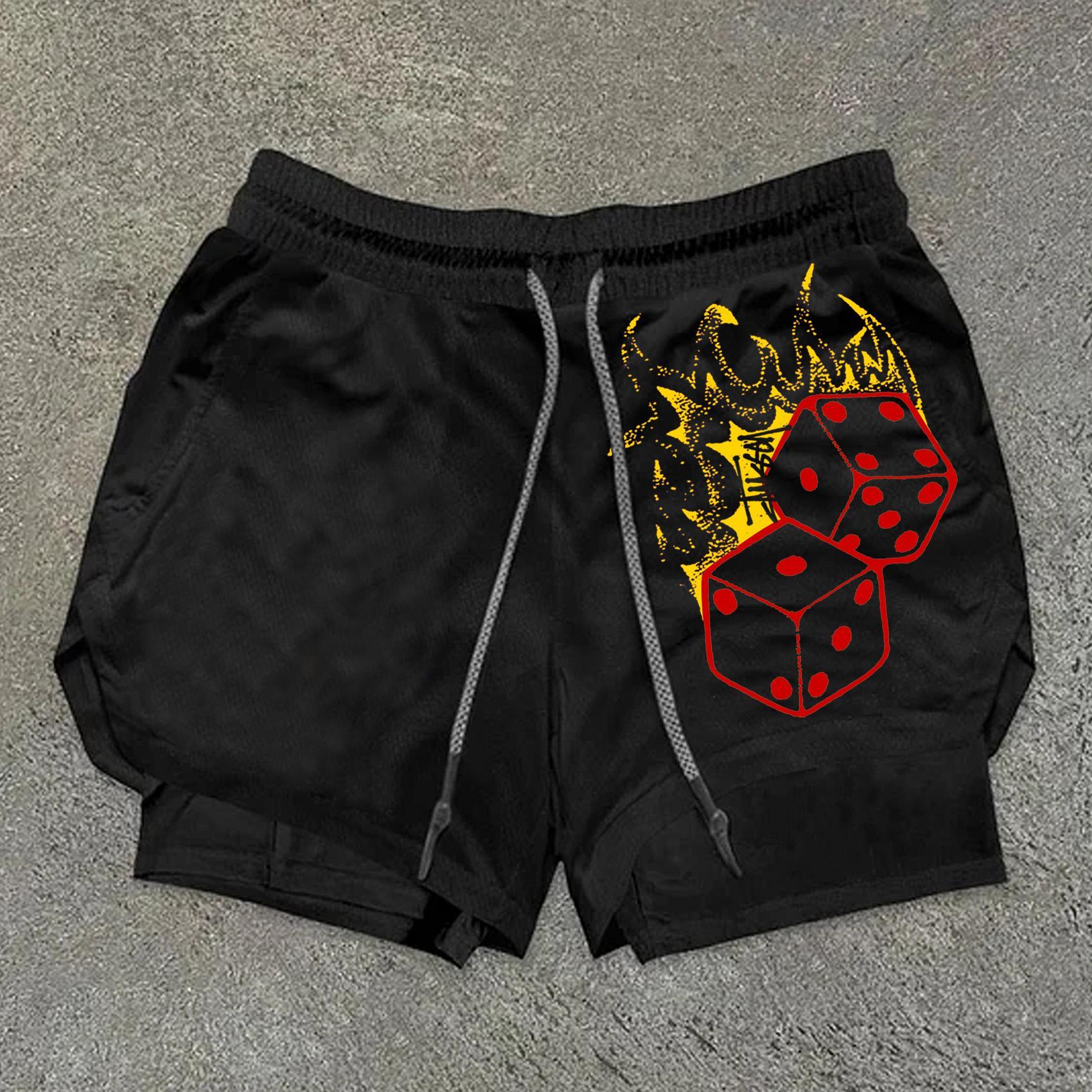 Sopula Flame Dice Print Drawstring Double Layer Gym Shorts Product Image